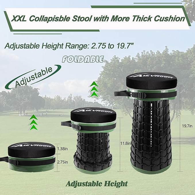 ALEVMOOM Upgraded XXL Collapsilbe Stool with Cushion,More Sturdy and Height 19.7“,D11.8”,Portable and Lightweight Adjustable Telescoping Stool for Camping Hiking BBQ Max Loading 1000Ibs