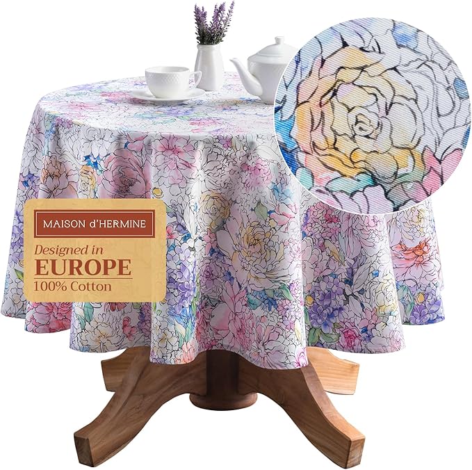 Maison d' Hermine Table Cloth Round Table 100% Cotton 63 Inches Tablecloth Reusable Decorative Everyday Use for Dining Room, Farmhouse, Home, Party, Festive & Wedding Spring Summer - Floral Love