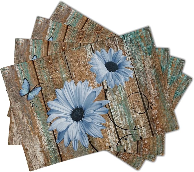 Giwawa Rustic Daisy Placemats Set of 4- Blue Sunflowers on Vintage Wood Board Linen Place Mat- Farmhouse Wooden Washable Heat Resistant Table Mats for Kitchen Dining Cabin Lodge Decor