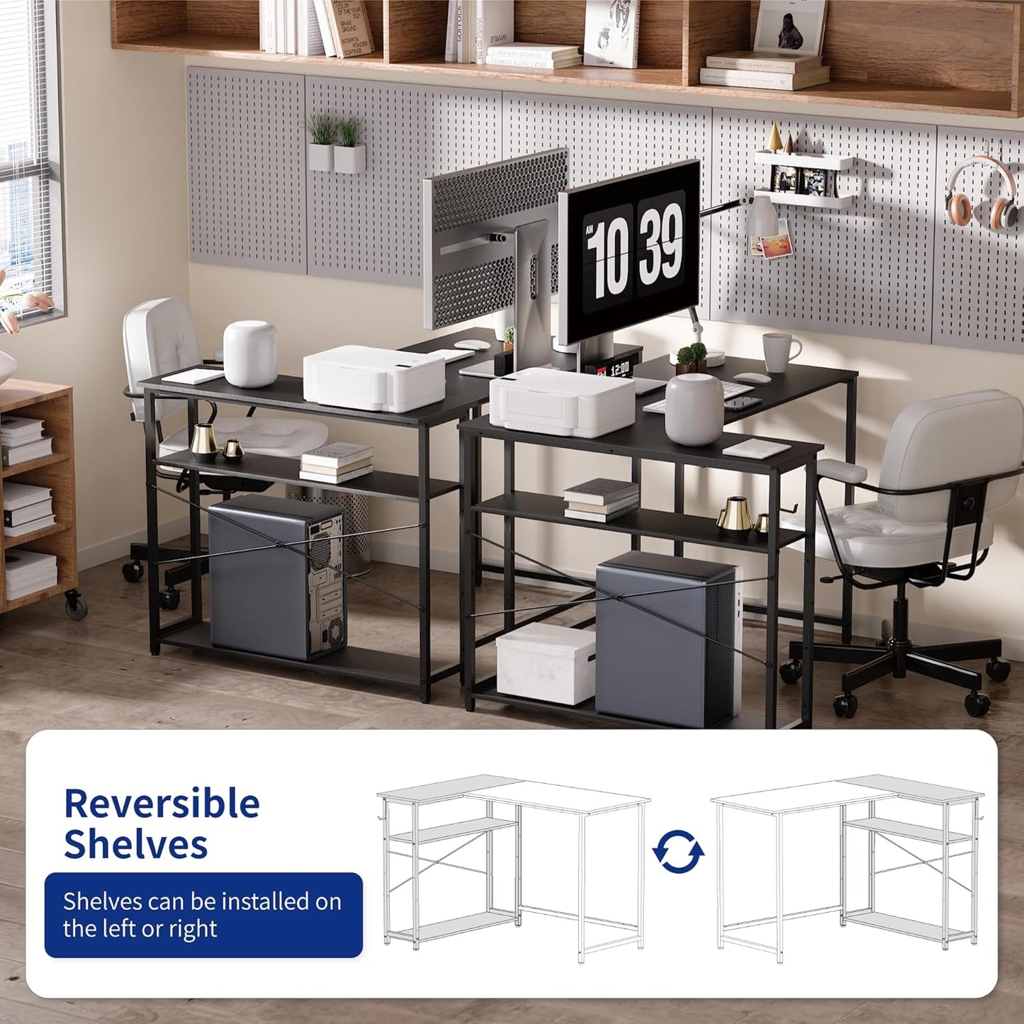 Pamray 43 Inch L Shaped Computer Desk with Reversible Side Storage Shelves, Small Corner Desk for Small Space Home Office,Writing Study Table PC Desk for Bedroom,Espresso Gray