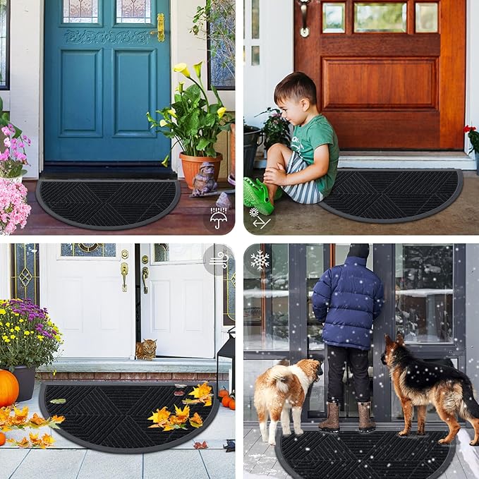 Smiry Half Circle Front Door Mat Outside Entrance, Heavy Duty Sturdy Natural Rubber Doormat, Trap Dirt and Moisture, Low Profile Mats for Indoor Outdoor Entry, Irregular Triangle (36x24, Black)