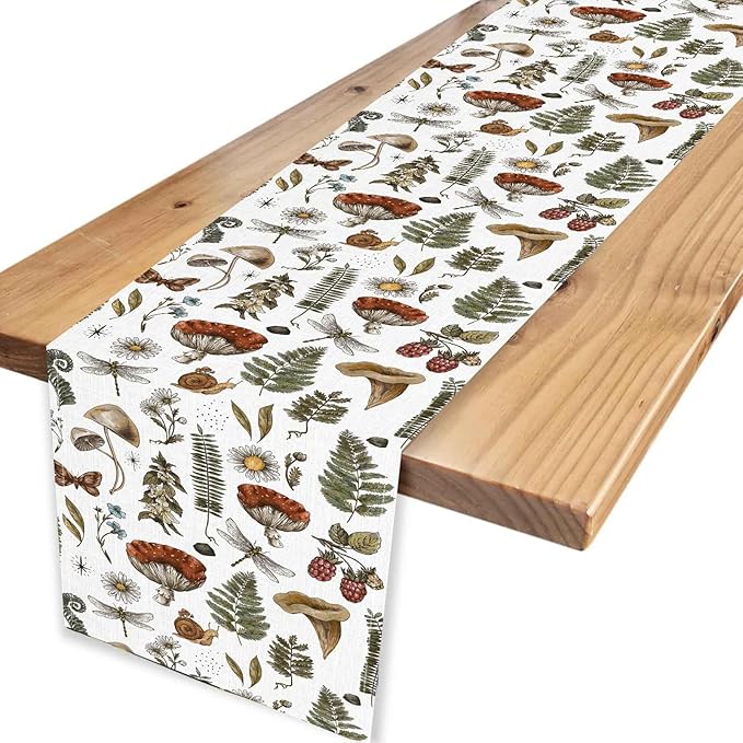 Mushroom Table Runner, Rustic Farmhouse Forest Plants Botanical Country Coffee Table Center Decor for Home Kitchen Dining Patio Holiday Party Indoor Outdoor Table Decorations, 13"x36" Inch