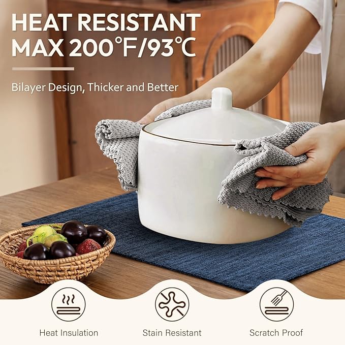 Blue Forest Placemats Set of 4, Dual-Layered Thickened Faux Linen Cloth Place Mats Heat Resistant Machine Washable Wrinkle Free Table Mats Indoor/Outdoor (Navy Blue)