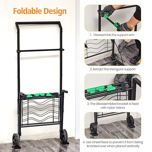 Foldable Leaf Bag Holder, Mobile Trash Bag Holder Stand with Removable Arms and Dual Fixing Design, Adjustable 30-45 Gallon Portable Lawn Bag Cart for Yard Cleanup, Gardening, Leaves, Camping, Parties