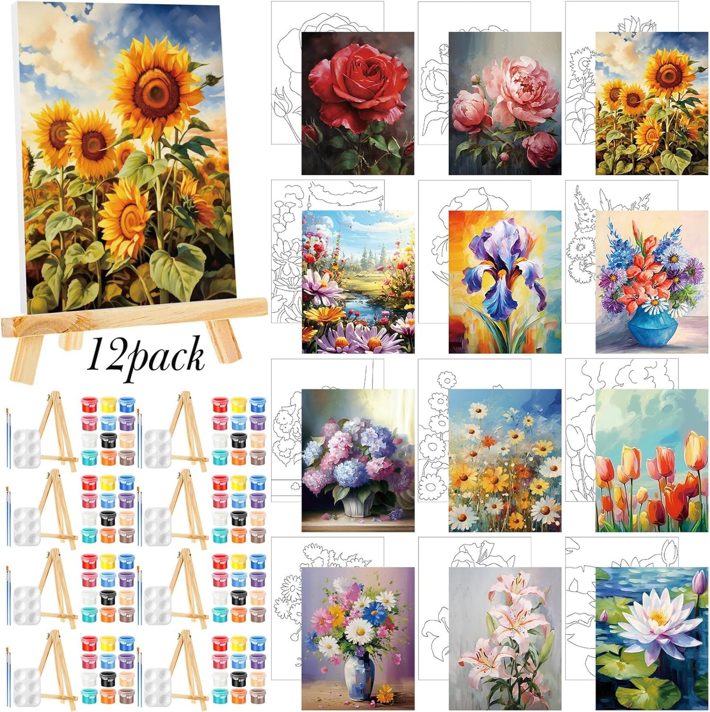 Zhanmai 12 Pack Pre Drawn Canvas for Painting Sip and Paint Kit 8" x 10" Paint Party Set Canvas Painting Pre Printed Canvases for Party Favor DIY Virtual Adult's Date Night(Plant)