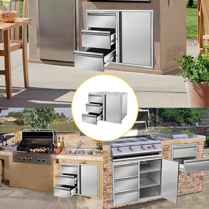 Outdoor Kitchen Door Drawer Combo Cabinet 28" W x 22" H x 19.5" D Stainless Steel Built-in Triple Drawers&Right Access Door Combo Cabinet for Outdoor Kitchen Island, Patio Grill Station