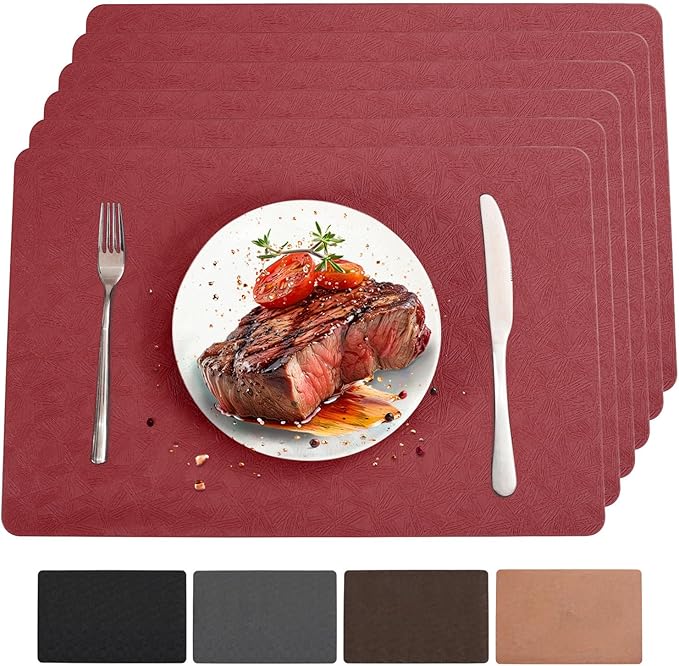 Vinyl Placemats Set of 6 Heat Resistant Easy Clean Non-Slip Place Mats for Dining Table. Faux Leather Waterproof Stain Resistant Wipeable Washable PU Table Mats(6, Red)