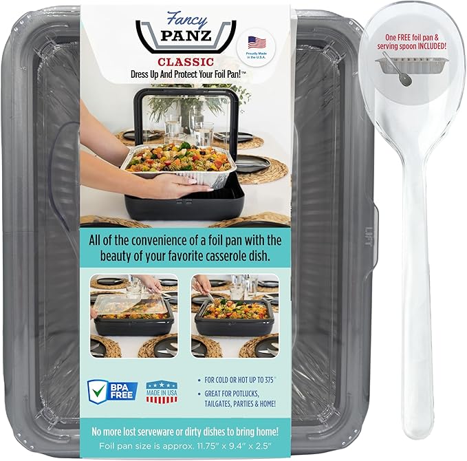 Fancy Panz - Platinum Classic Aluminum Foil Pan Carrier with Lid - Elevated Food Serving Tray - Portable Casserole Carrier with Lid - Made in The USA Hosting Essentials