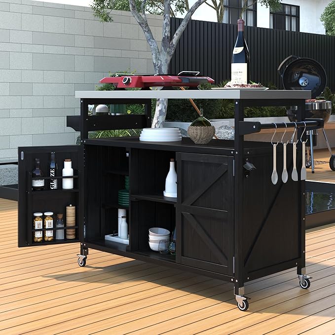 50.25" Grill Cart with Stainless Steel Tabletop - Outdoor Storage Cabinet for BBQ, Bar Patio Kitchen Island with Ample Storage and Lockable Wheels