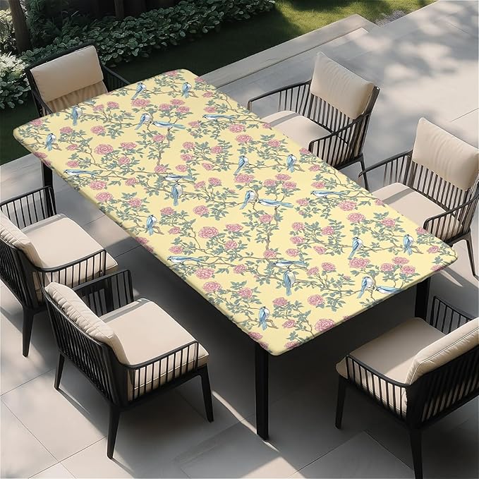 Rectangle Table Cloth Cover Waterproof Elastic Fitted Polyester Fitted Tablecloths for 4 Foot Tables for Indoor,Picnic, Camping, Outdoor （48" x 24"，Bird）