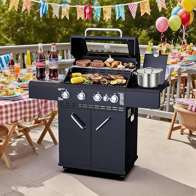4 Burners Propane Gas Grill with Visual Glass, 50000 BTU Outdoor BBQ Propane Grill with Side Burner, Heighter, Double-Layer Lid, Stainless Steel Grids and Observing Changes in Food for Perfect BBQ