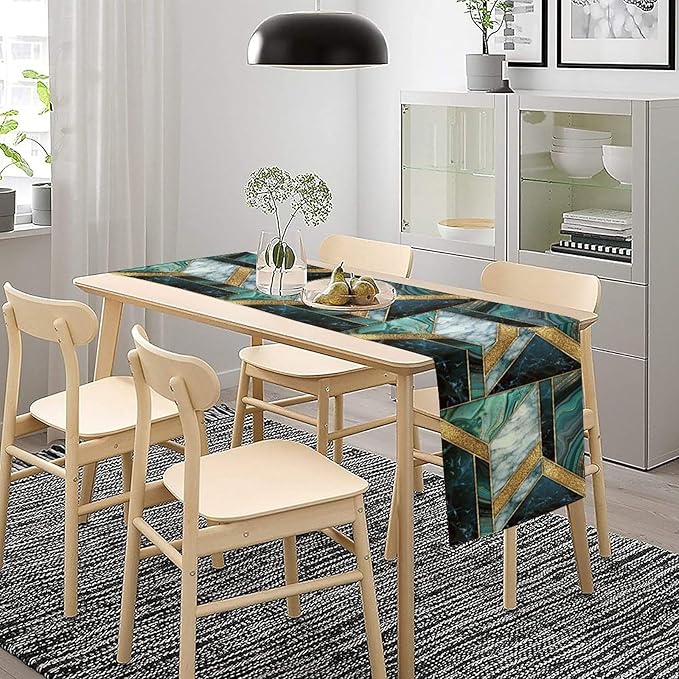 Marble Table Runner, Dark Green Gold Modern Mosaic Design Table Runner Decoration for Kitchen Family Dinner Table Holiday Party Farmhouse 13x60in