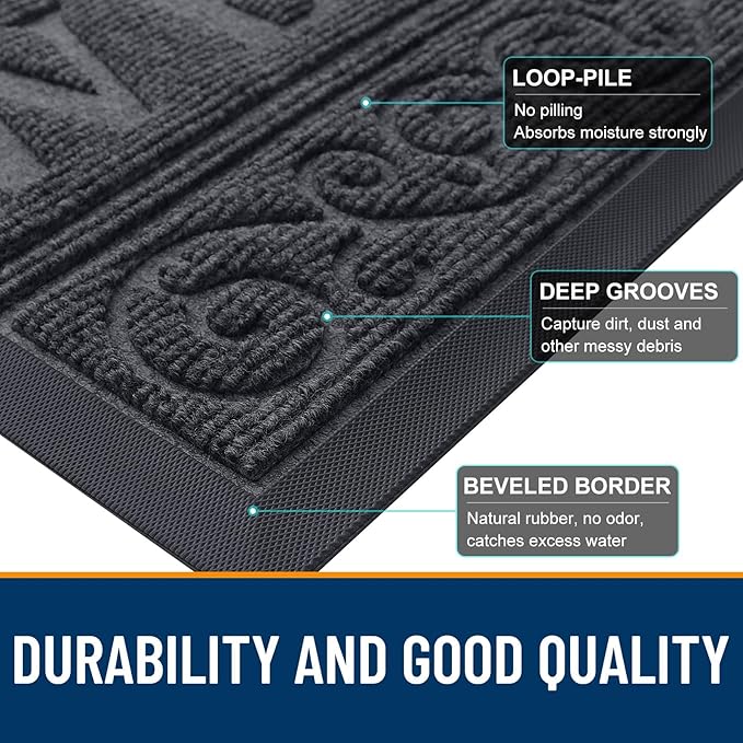 OLANLY Welcome Door Mat Indoor Outdoor Entrance, Heavy Duty Sturdy Front Door Mat, Waterproof All-Weather Doormat, Stain Resistant, Low Profile, Easy Clean Patio Entryway Mat, 47 x 24, Medium Grey