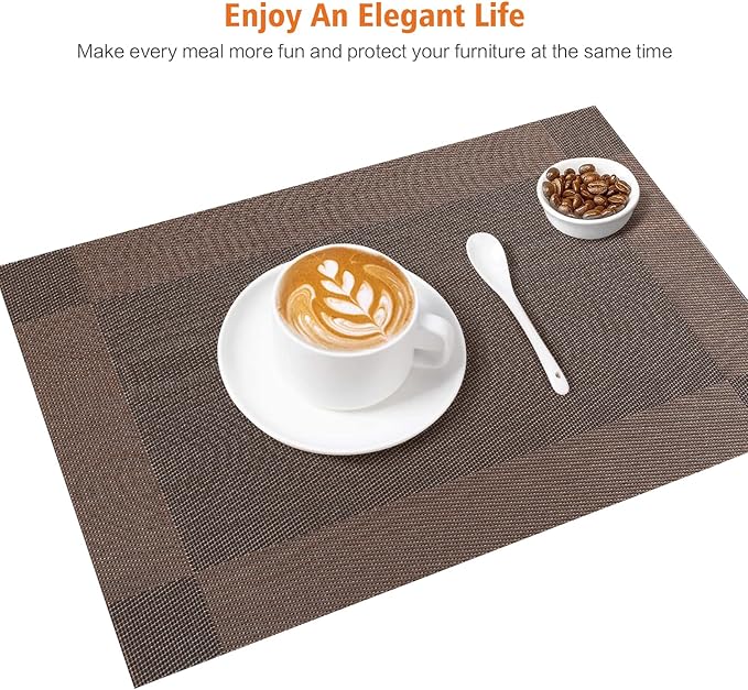 Placemats Set of 8,Washable,Heat and Stain Resistant Indoor/Outdoor Place mats,Vinyl Woven Non Slip Table Mats for Restaurant Table Protection,PVC Placemats(Brown,8PCS)