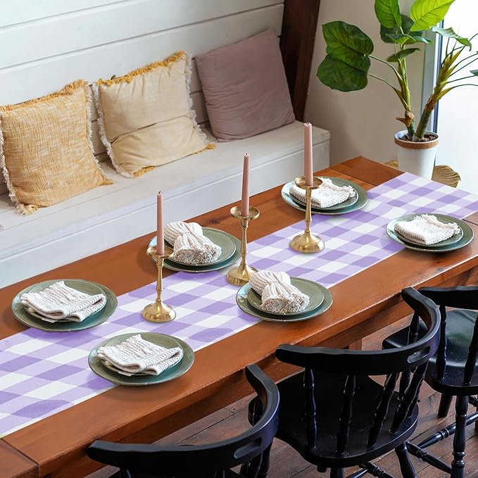 Fabric Checkered Table Runner 12 Pack Waterproof Gingham Table Runner 14W x 108L Buffalo Check Table Runners for Parties Kitchen Dining Wedding Banquet (Lavender and White)