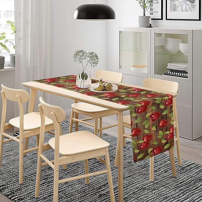 Sweet Apples Table Runner, Fresh Apples Fruit Rustic Wooden Background Table Runner for Kitchen Dining Party Picnic Outdoor 13x108in