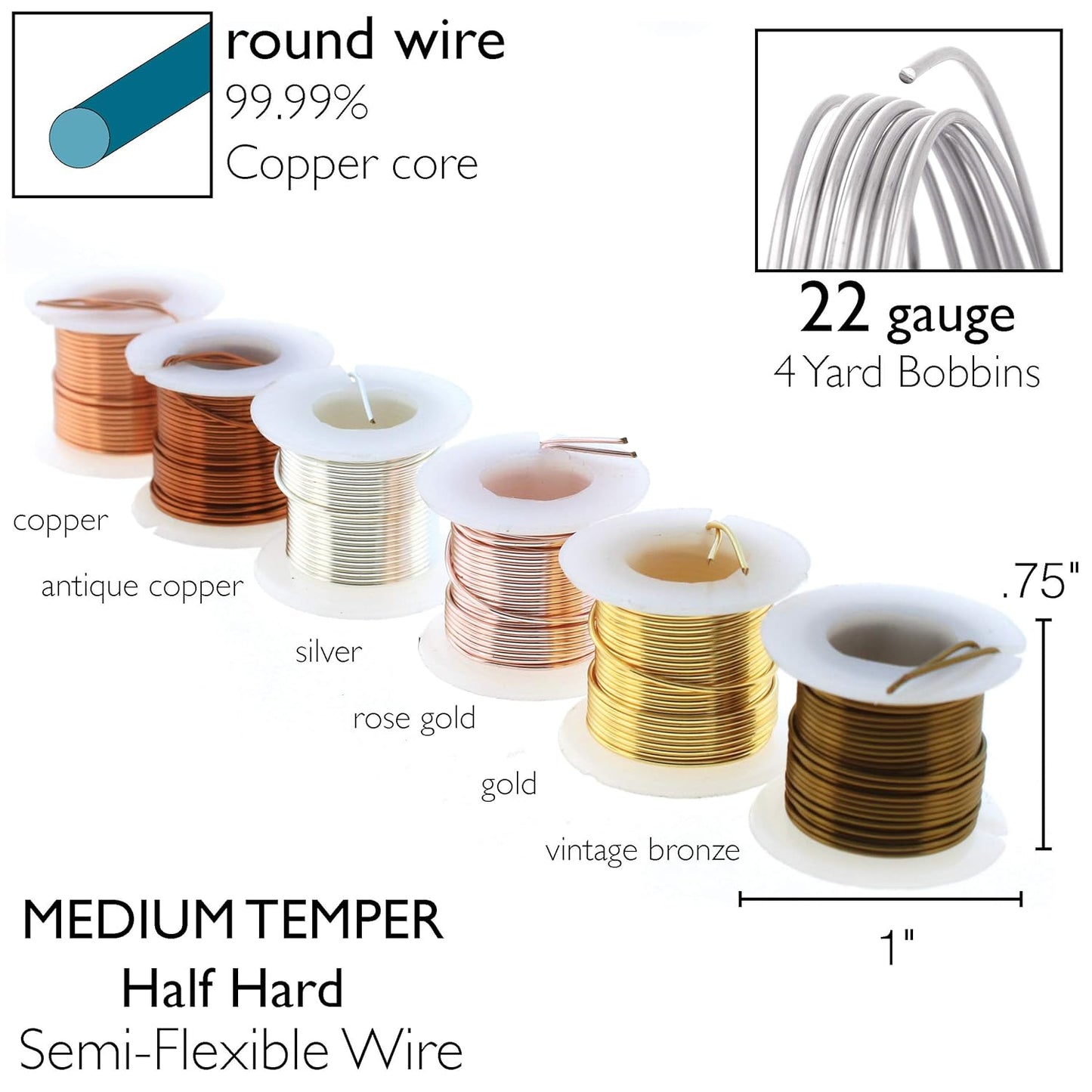 The Beadsmith Craft Wire Assortment - Tarnish-Resistant Copper Wire for Jewelry Making, 6-Pack, 0.75-Inch Mini Spools, 4 Yd Each, 22-Gauge, Assorted Colors, Medium Temper