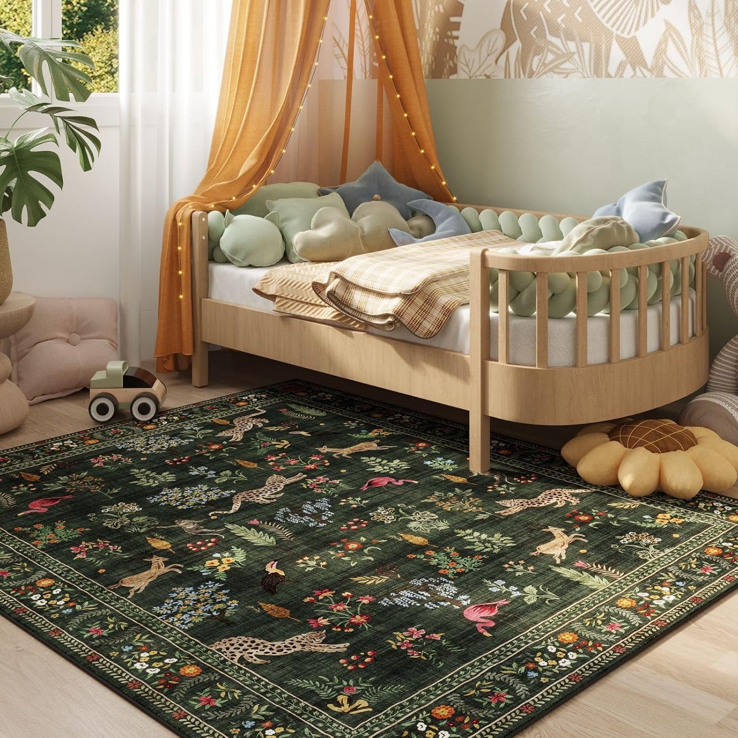 Rugcomf Living Room Rug 5x7 Rug Machine Washable Boho Area Rug Non Slip Floral Animal Vintage Low Pile Large Rugs for Living Room, Bedroom, Farmhouse, Dining Room, Kids Playroom (Green)