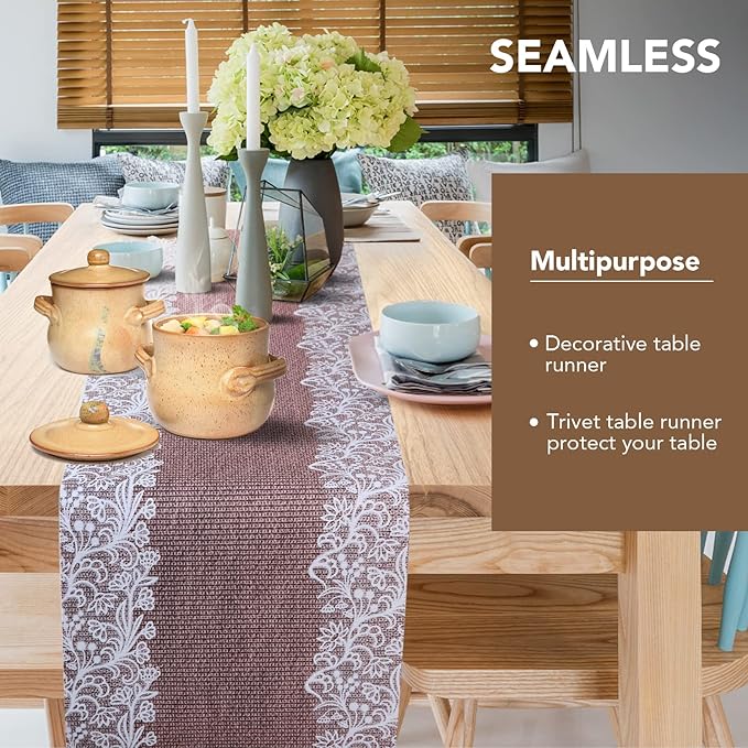 Trivet Table Runner Hot Plates Mat 12 X 40 Inch Heat Resistant Table Protector Waterproof Decorative Farmhouse Kitchen Trivets Counter Heat Proof Placemats for Hot Dishes (Jute and Lace)