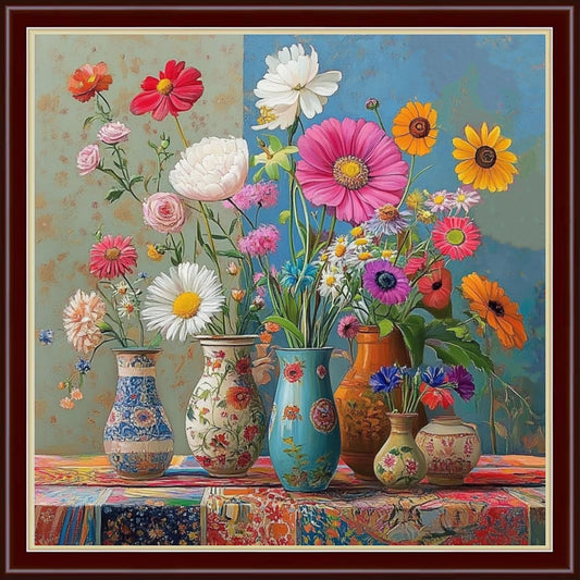 Dimensean Stamped Cross Stitch Kits Full Range of Embroidery Patterns Starter Kits for Beginners Adult or Kids DIY Cross Stitches Needlepoint Kits 11CT-Colorful Flowers on The Table 18x18 inch