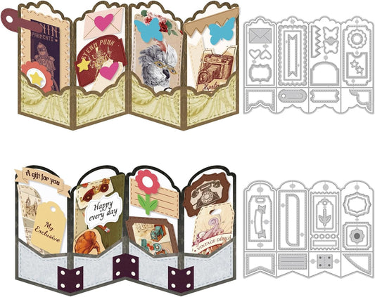 2PCS Folding Greeting Card Cutting Dies Metal Die Cuts for Card Making Label Embossing Template Dies Folding Frame Background Die Cuts Paper Craft DIY Template for Birthday Album Gift Decor