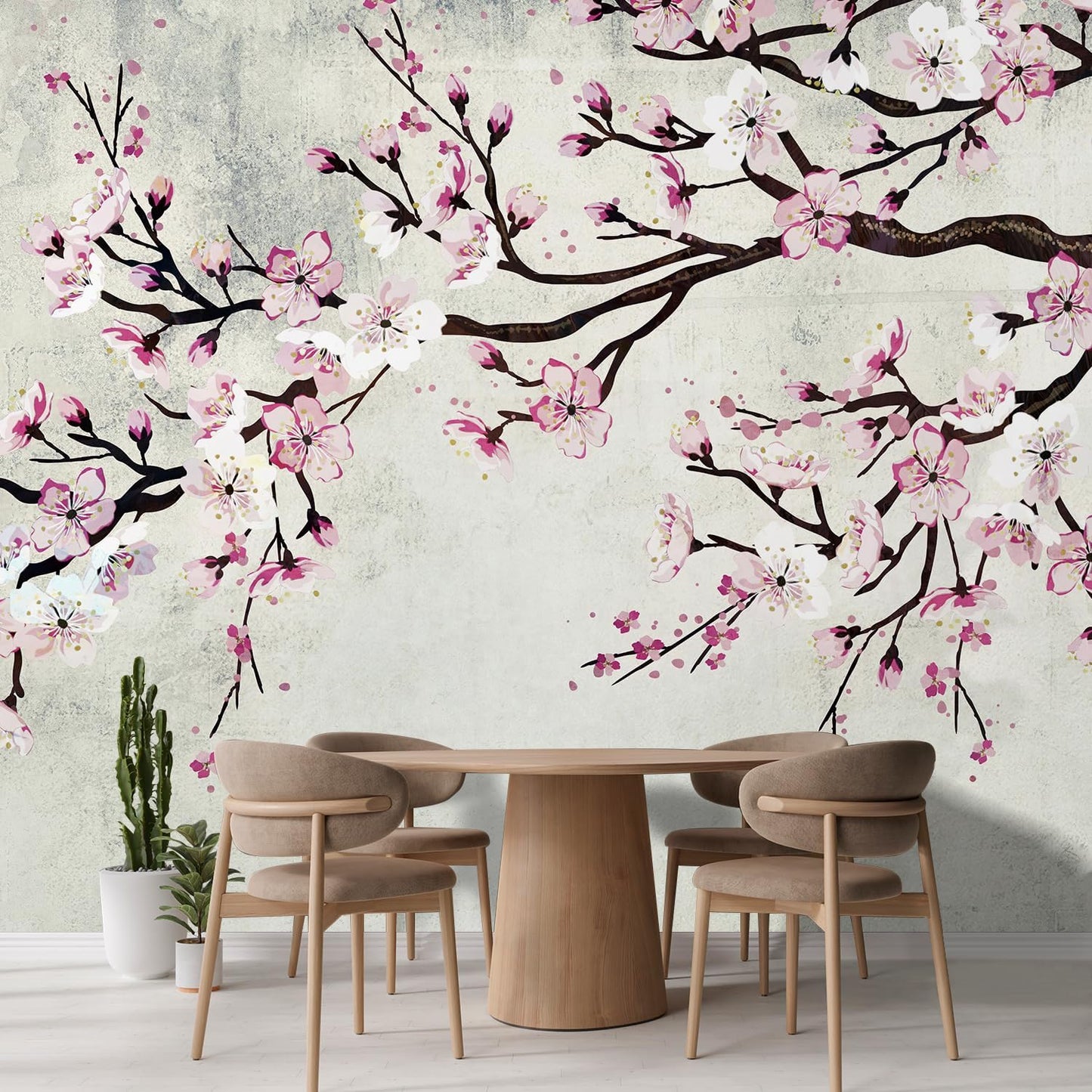 wall26 Wall Sticker/Wall Mural Watercolor Style Ink Painting Pink Cherry Blossom on Vintage, Not Peel and Stick, Non-Woven Wallpaper Decorative for Bedroom, Living Room,Office - 132x144 inches