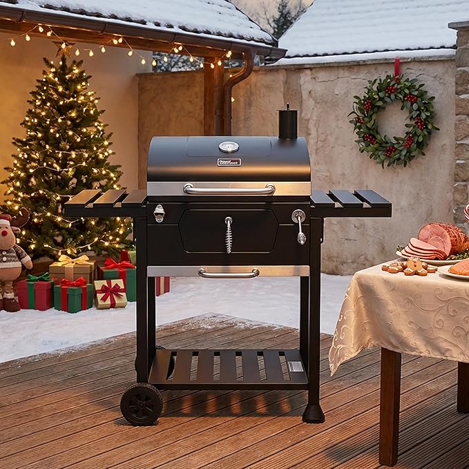 Royal Gourmet CD1824EN 24-Inch Movable Charcoal Grill with Foldable Side Tables, Outdoor Barbecue Grill with 490 Sq. In. Cooking Area for Outdoor Picnic and Camping Grilling, Black