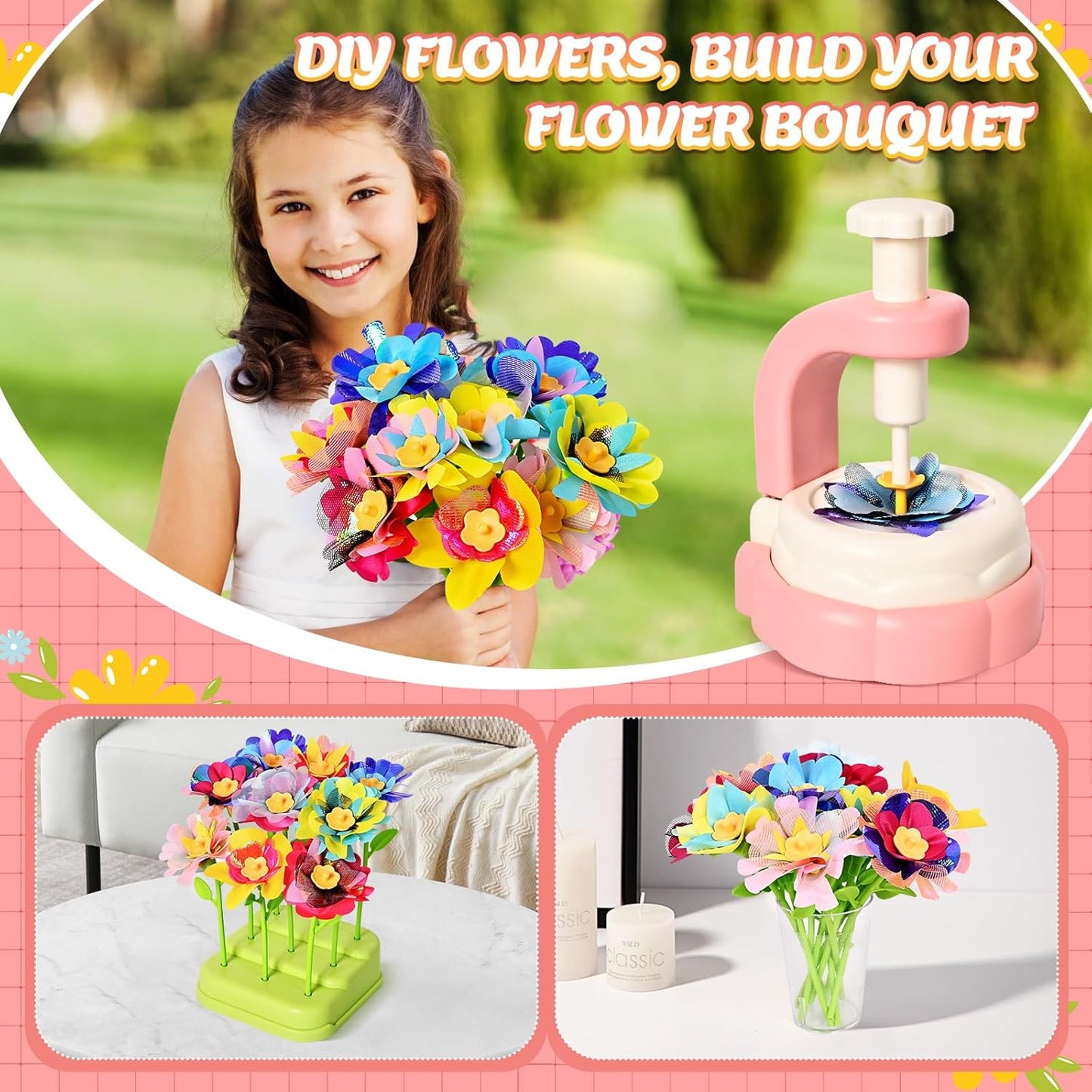Fabric Flower Bouquets Toys - Arts & Crafts for Kids,Educational Toys for 4 5 6+ Year Old Girls,DIY Toddler Craft Kits for Girls Ages 4-6,Build Your Flower Bouquet, Ideas Birthday Gifts for Girl