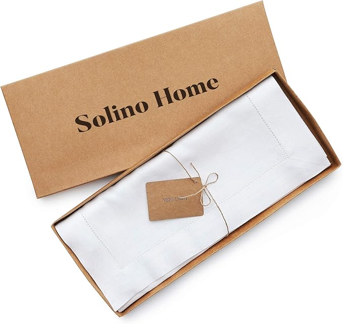 Solino Home Linen Table Runner 108 Inches Long - 100% Pure Linen White Table Runner 16 x 108 Inch for Spring, Easter, Valentines - Classic Hemstitch