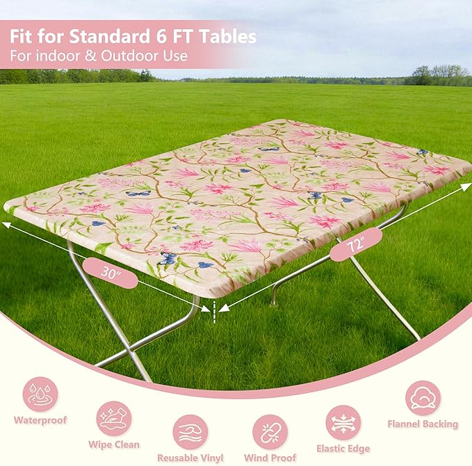 Rectangle Picnic Table Cloth, Elastic Waterproof Fitted Vinyl Tablecloths for 6 Foot Tables, Wipeable Flannel Backed Table Covers for Dining, Camping, Outdoor(Pink Flower,30"x72")