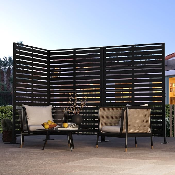 Modern Shade Metal Privacy Screen Outdoor 72" H x 48" W, Stable & Durable Privacy Fence Panels for Instant Privacy & Space Division, Freestanding Decorative Patio Screens for Outdoor, Black (3 Panel)