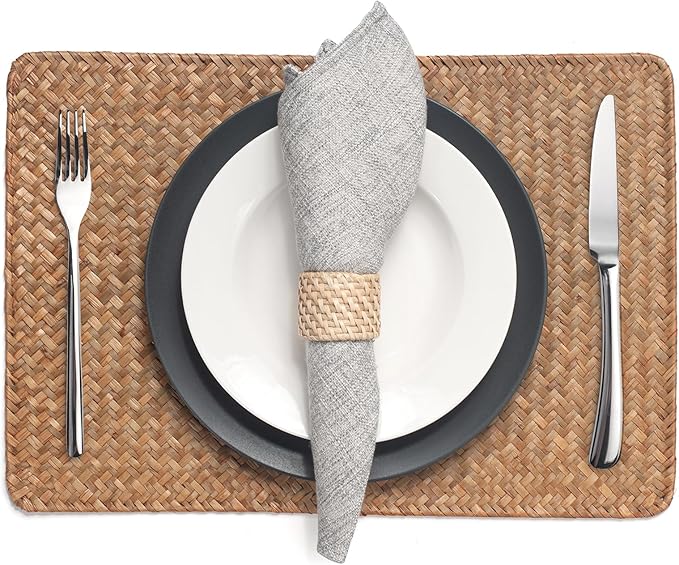 6 Pack Rectangular Woven Placemats, Rattan Wicker Table Mats, 17" x 12", Natural Seagrass Place Mats for Dining Table