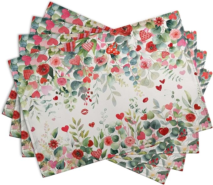 Valentines Eucalyptus Leave Placemats Set of 4, 12x18 Inch Valentine Heart Rose Floral Table Mats Spring Summer Washable Heat Resistance Place Mats for Kitchen Dining Indoor Decor