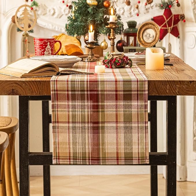 Beige Plaid Christmas Table Runner, Winter Holiday Table Runners 72 inches Long Xmas Decorations Indoor Outdoor Farmhouse Home Kitchen Dining Party Decor