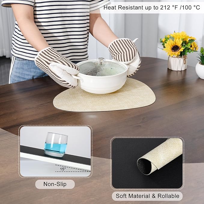Placemats and Coasters, Washable Reversible Placemats Round Faux Leather Wipeable Place Mats Non Slip Heat Resistant Indoor Outdoor Table Mats (Set of 6, Cream Black)