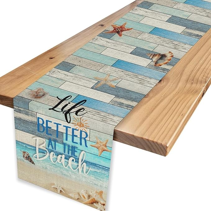 Summer Beach Table Runner, Nautical Starfish Seashell Ocean Retro Wooden Plank Coffee Table Center Decor for Home Kitchen Dining Patio Holiday Party Table Decorations 13"x72"
