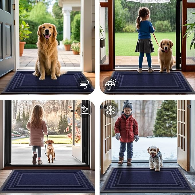 Buganda Front Door Mat Indoor Outdoor Entrance, Non-Slip Natural Rubber Doormats, Easy Clean, Low Profile, Dirt Trapper Entryway Floor Mats for Outside, Garages and Patios, 36x24, Navy