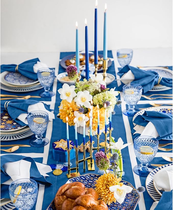 Solino Home Linen Indigo Blue Table Runner 144 Inches Long - 100% Pure Linen Extra Long Table Runner 14 x 144 Inch for Winter, Spring, Easter - Classic Hemstitch
