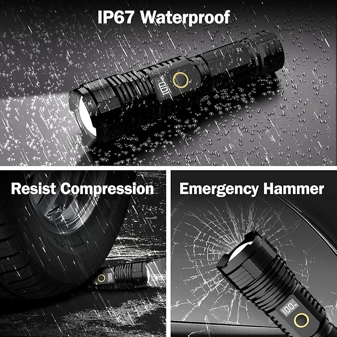 Flashlights High Lumens Rechargeable, 10000LM LED Super Bright Flash Light, Zoomable Linternas with LCD Digital Display, 5 Mode, Waterproof, Powerful Tactical Flashlight for Emergencies Camping Gift