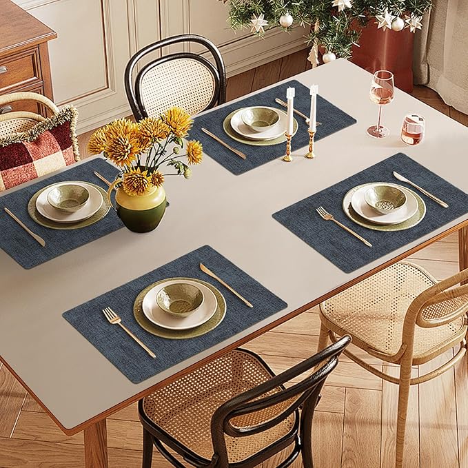 Faux Leather Heat Resistant Placemats Set of 8 – Waterproof Oilproof Wipeable Dining PU Vinyl Place Mat Easy Clean Table Mats for Kitchen/Dining/Party/Holiday, Navy
