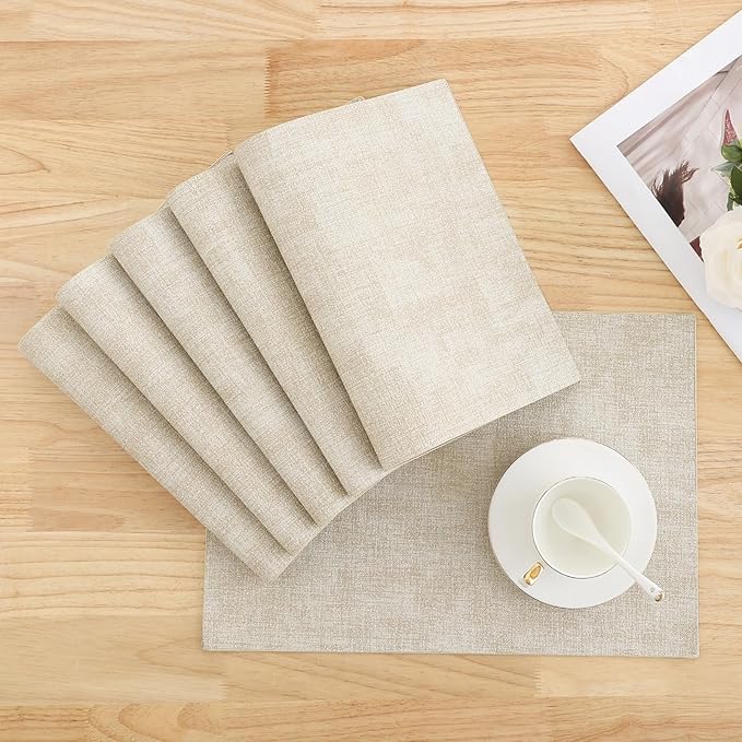 Homaxy Faux Leather Heat Resistant Placemats for Dining Table Set of 12, Waterproof Wipeable Washable PU Table Mats, Easy to Clean Anti-Slip Place Mats, 11.8" x 17", Beige