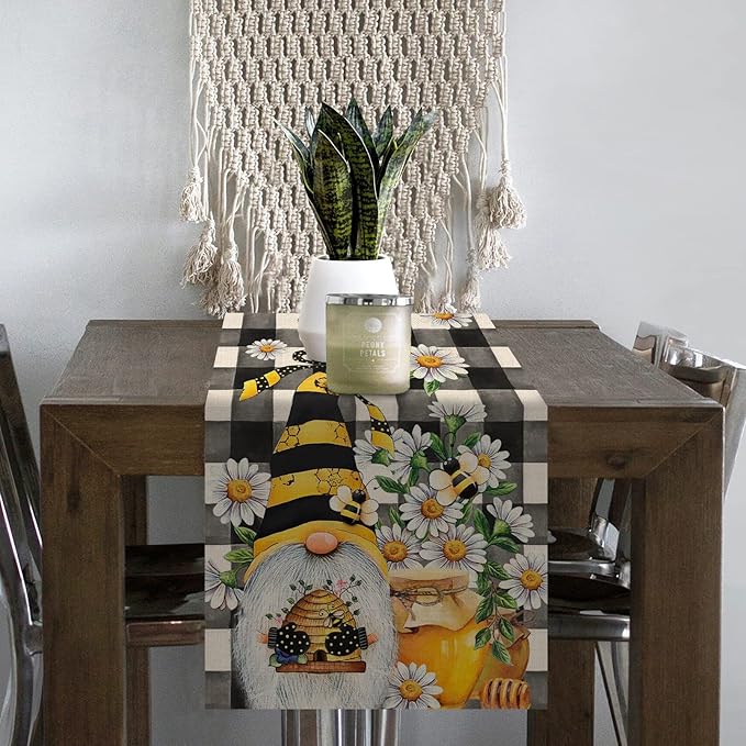 Seliem Spring Bee Gnome Table Runner, Honey Black White Buffalo Plaid Check Home Kitchen Dining Decor, Summer Seasonal Farmhouse Daisy Decorations Indoor Outdoor Anniversary Party Supply 13 x 90 Inch