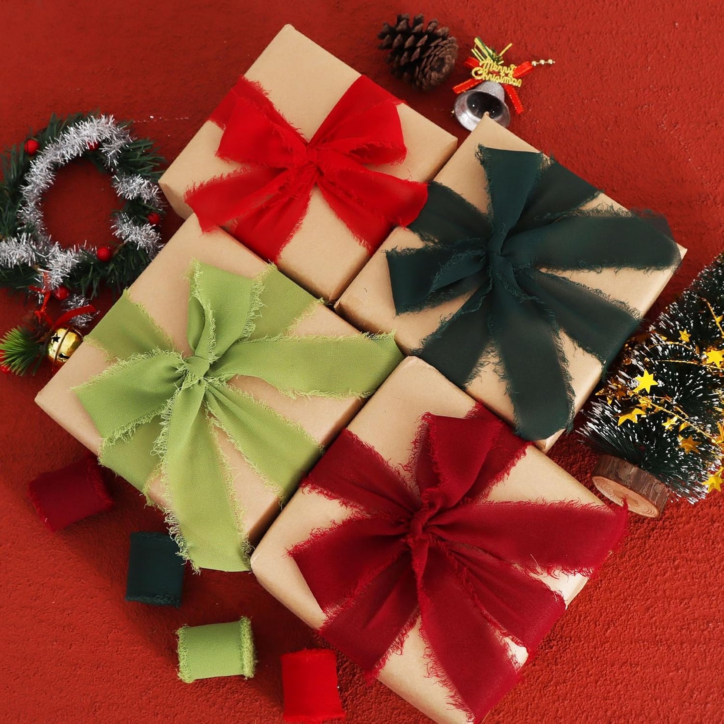 TONIFUL 4 Rolls Silk Chiffon Ribbon 1-1/2 Inch x 22 Yards, Red and Green Handmade Fringe Silk Ribbon Set for Gift Wrapping Flowral Bouquets Crafts Halloween Christmas Wreath Tree and Party Decoration