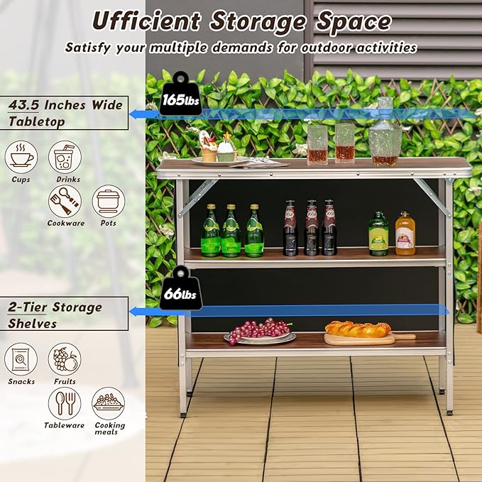 Giantex Portable Bar Table for Events, Folding Mobile Bartending Station with Storage Shelves, Removable Privacy Skirt, Carrying Case, for Parties, Catering, Trade Shows (Coffee, 43.5''L x 34.5''H)