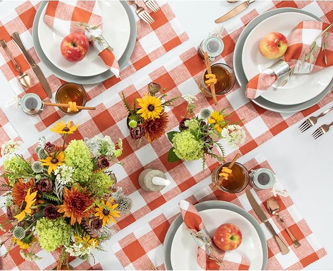 Solino Home Linen Checkered Table Runner 120 Inches Long - 100% Pure Linen Cinnamon and White Buffalo Check Table Runner 14 x 120 Inch Ideal for Dining
