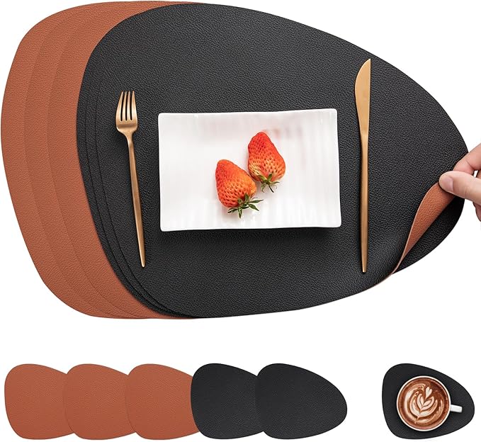 Myir JUN Placemats, Dual-Sided Placemats Waterproof Faux Leather Placemats Set of 6 Place Mats and Coasters Non-Slip Washable Table Mats for Dining Table (Black Brown, Set of 6)