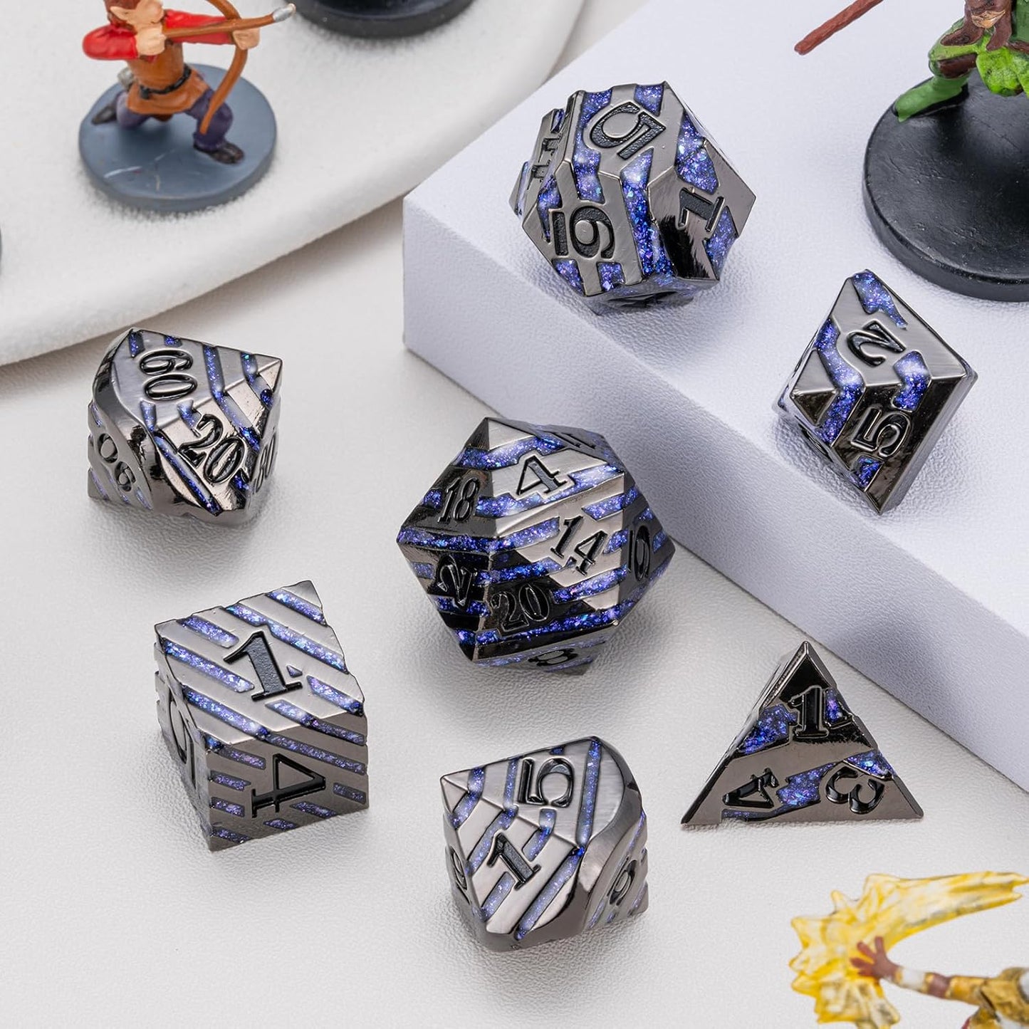 Anitque Metal Dice D&D,Metal Glitter Stripe Dice 7pcs Set with Gift Case,Polyhedral Dice for Role Playing Game (Black Nickel Dark Purple)