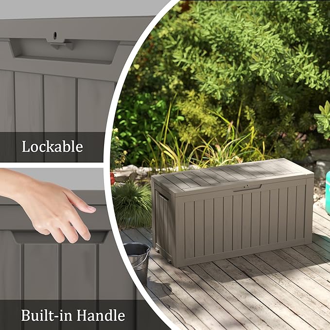 75 Gallon Deck Box, Resin Outdoor Indoor Waterproof Storage Box, Lockable Storage Box With Handle for Patio Furniture - Garden Tools - Swimming Pool Tools UV-Resistant, Grey