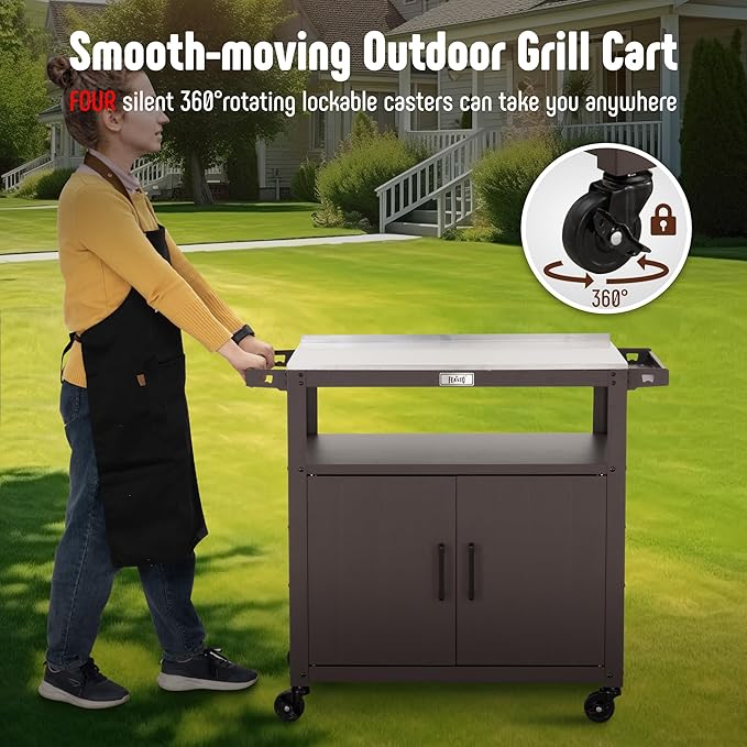 Outdoor Grill Cart with Stainless Steel Tabletop and Storage Cabinet, Movable Kitchen Island with Wheels for BBQ Food Prep, Brown
