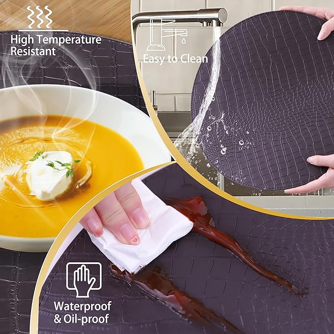 Round Leather Placemats - Placemat Set of 8, Heat Resistant and Waterproof Washable Table Runner, Kitchen Table Runner, 13" X 13" (Brown)